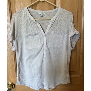 Lucky Brand Beige Cotton Shirt Size S Women's Henley Cuffed Sleeve Woven